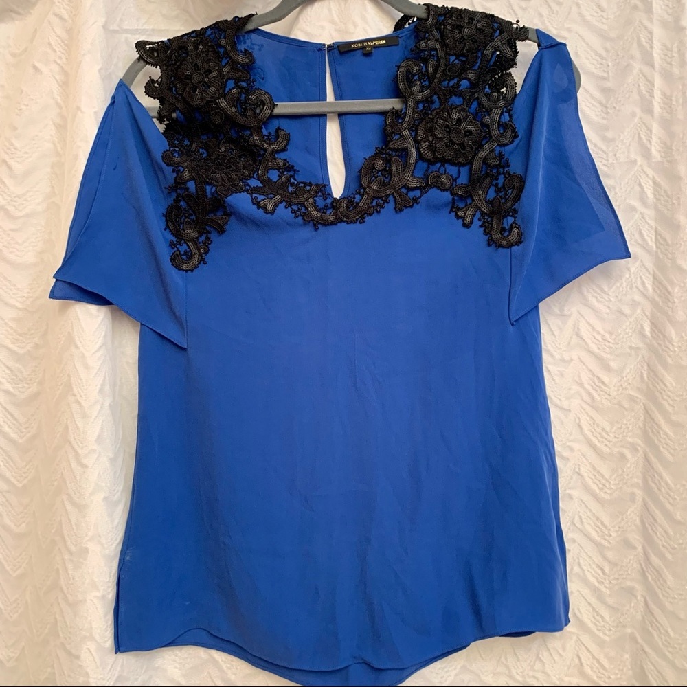 KOBI HALPERIN Blue Silk with Black Lace Cold Shoulder Top